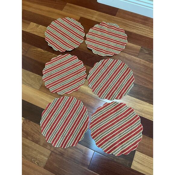 Fabric Placemat Set Red Country Floral Stripes Set of 6 Quilted - Picture 2 of 6